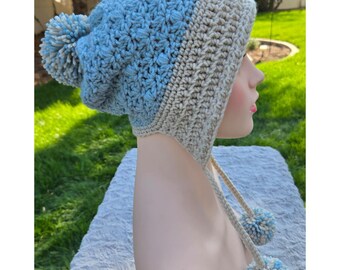 Handmade Crochet Earflap Hat with Pom Poms - Dusty Blue and Beige
