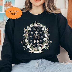Marian Catholic Sweatshirt, Virgin Mary Hoodie, Catholic gift for women, Catholic T-shirt, Marian Cross Shirt, Floral Women Religious Shirts