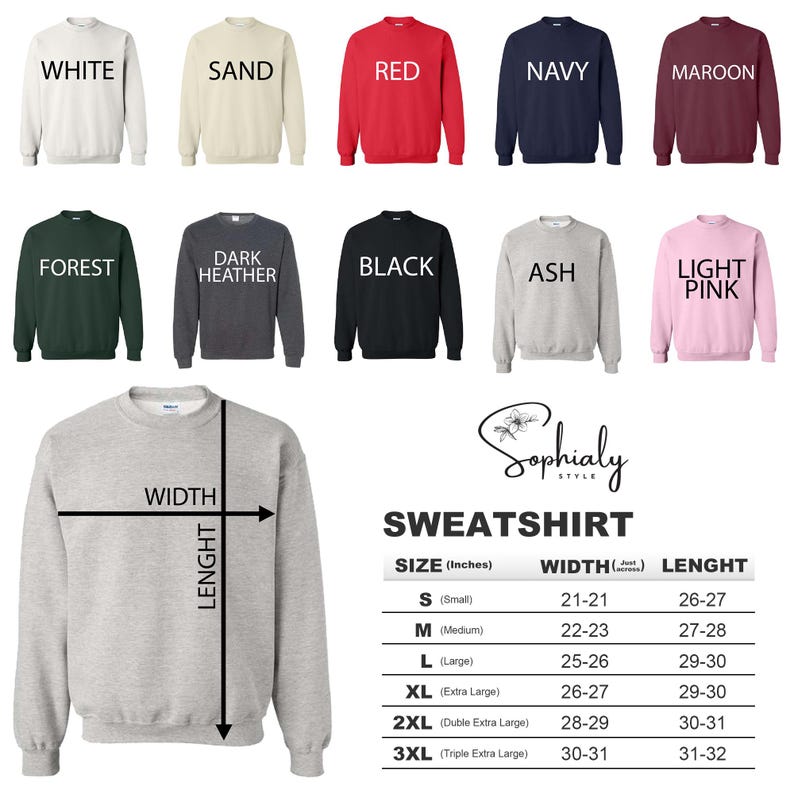 a sweatshirt with the measurements for each of the sweatshirts