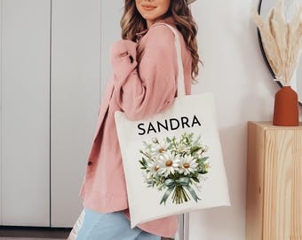 Custom Birth Flower Canvas Tote Bag, Personalized Gift
