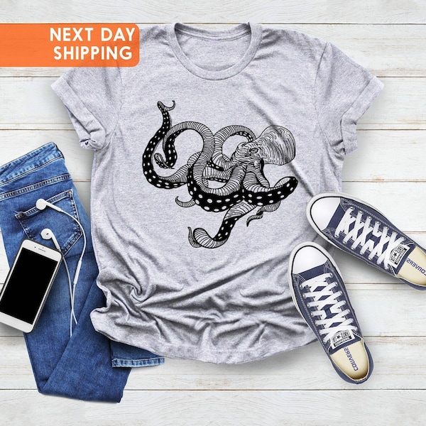 Octopus Japanese Art T-Shirt, Anime Manga Samurai Tee