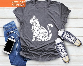 Floral Cat Silhouette Shirt, Nature Lover Gift