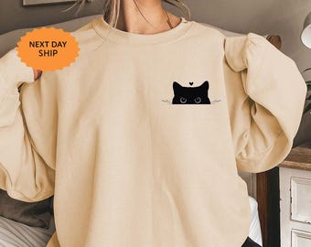 Cat Sweatshirt, Cute Cat Sweatshirt, Black Cat Shirt, Cat Peeking Sweat, Womens Funny Sweatshirt, Cat Mom Sweatshirt, Gift for Cats Lover