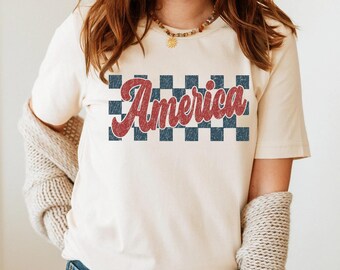 Chemise américaine à carreaux, drapeau américain rétro rouge blanc bleu, t-shirt 4 juillet