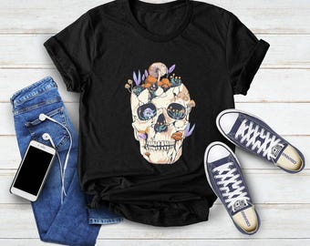 Skull With Mushrooms, Cottagecore Clothing, Mushroom Skull Shirt, Halloween Skeleton Shirt, Mushroom Shirt, Mycologist Goth Mushroom Shirt
