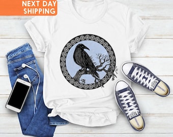 Viking Raven Tree Shirt, Gothic Bird Crow Print