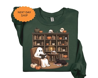 Retro Ghost Reading Sweatshirt, Halloween Librarian Teacher Gift