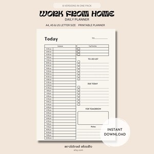 Work From Home Planner, Personal Daily Planner, Productivity Planner, Daily Hourly Planner, Instant Download, Schedule, A5/A4/Letter