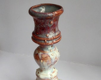 Plum Purple and White Gradient Handmade Slip trail Copper Candlestick CERAMIC Pottery