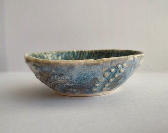 Blue and Grey Sliptrail Sgraffito Small POTTERY ceramic dish trinket BOWL