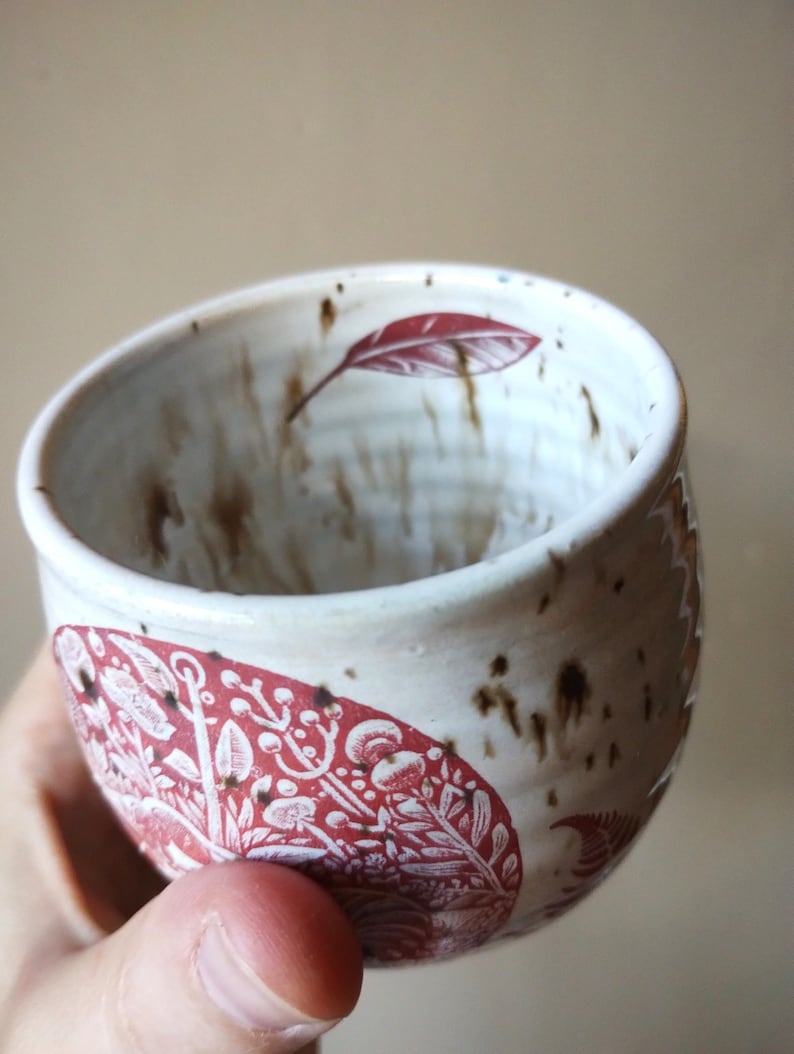 Ant & Caterpillar Leaf White Cream Brown SPECKLE 200ml Handmade POTTERY Ceramic Japanese Tea Bowl Cup image 2
