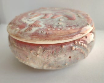 White & Pink The Bear and the Bees Handmade Slip trail Aesop Fable CERAMIC Pottery Lidded Container Trinket Box Bowl