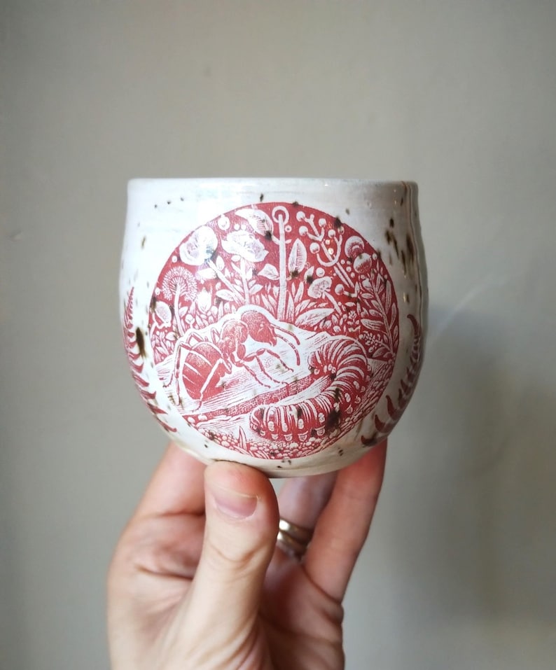 Ant & Caterpillar Leaf White Cream Brown SPECKLE 200ml Handmade POTTERY Ceramic Japanese Tea Bowl Cup image 1