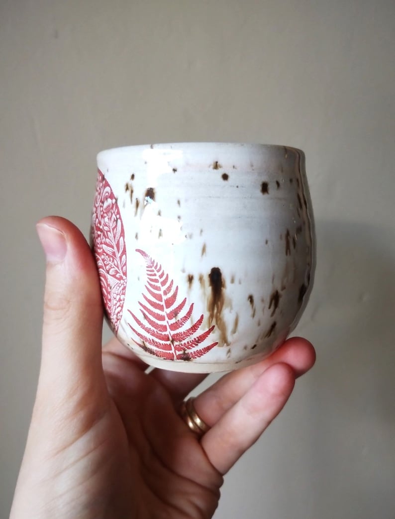 Ant & Caterpillar Leaf White Cream Brown SPECKLE 200ml Handmade POTTERY Ceramic Japanese Tea Bowl Cup image 3