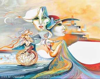 Lámina mural surrealista en metal: "Las tres caras de Eva" (26x34 pulgadas, tamaño galería, pieza central para habitación) sobre aluminio Chromaluxe de alta definición.