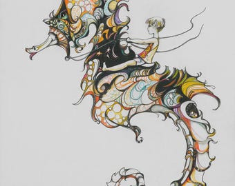 Surrealistyczny metalowy wydruk ścienny „Moja fantastyczna podróż” Rysunek 16x20 w klasycznym formacie na wysokiej rozdzielczości aluminium Chromaluxe