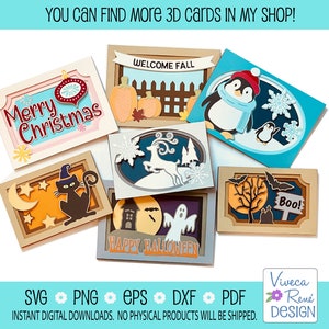 May include: A set of six 3D pop-up cards featuring various holiday themes. The cards are decorated with festive colours and designs, including a Christmas card with a red bauble, a Halloween card with a ghost and a haunted house, an autumn card with pumpkins and a fence, a winter card with penguins, and a Thanksgiving card with a turkey. The cards are all made with intricate paper cuts and are perfect for adding a touch of whimsy to any occasion.