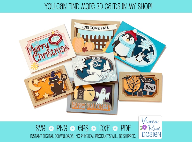 May include: A set of six 3D pop-up cards featuring various holiday themes. The cards are decorated with festive colours and designs, including a Christmas card with a red bauble, a Halloween card with a ghost and a haunted house, an autumn card with pumpkins and a fence, a winter card with penguins, and a Thanksgiving card with a turkey. The cards are all made with intricate paper cuts and are perfect for adding a touch of whimsy to any occasion.