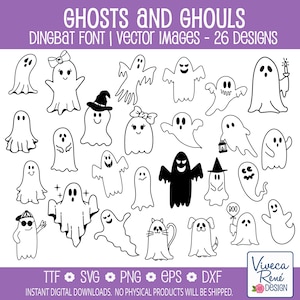 May include: A collection of 26 vector images of ghosts and ghouls in a dingbat font. The designs include various ghost characters with different accessories, such as hats, bows, and sunglasses. The text "GHOSTS AND GHOULS" is at the top.