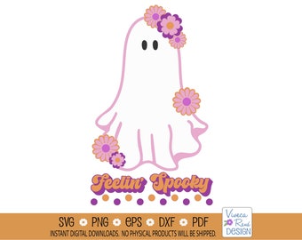 Lindo fantasma de Halloween svg, fantasma espeluznante con flores retro svg, diseño de camiseta, archivo de corte de silueta, Cricut svg, sublimación png
