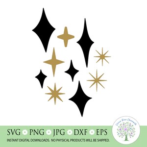 May include: A digital design featuring a cluster of black and gold stars. The stars are arranged in a random pattern and are all different sizes. The design is perfect for use in crafts, scrapbooking, or other creative projects.