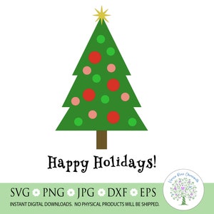 May include: A green Christmas tree with red and pink ornaments and a gold star on top. The tree is on a white background with the text "Happy Holidays!" below it.