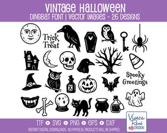 Vintage Halloween Dingbats Font | Spooky Retro Clipart Icons | Craft Font for Cricut and Silhouette