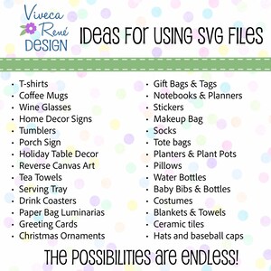 May include: A colourful graphic with the text "Viveca Ren&eacute; Design" and "Ideas for Using SVG Files" in a white box. The graphic lists various ideas for using SVG files, such as creating t-shirts, coffee mugs, wine glasses, home decor signs, tumblers, porch signs, holiday table decor, reverse canvas art, tea towels, serving trays, drink coasters, paper bag luminaries, greeting cards, Christmas ornaments, gift bags and tags, notebooks and planners, stickers, makeup bags, socks, tote bags, planters and plant pots, pillows, water bottles, baby bibs and bottles, costumes, blankets and towels, ceramic tiles, hats and baseball caps. The text "THE POSSIBILITIES are ENDLESS!" is at the bottom of the graphic.