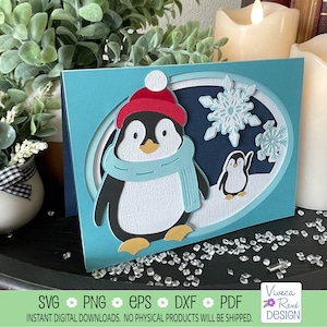 Penguin SVG 3D Shadowbox Card - Winter Wonderland con pingüinos, nieve y copos de nieve; Vacaciones de Navidad, Cricut svg, Silhouette Cut File dxf