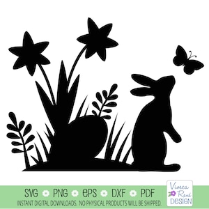 Easter Bunny svg, Spring bunny silhouette svg, Easter Rabbit svg, Bunny with flowers svg, Easter scene svg, Silhouette, Cricut, Cut File