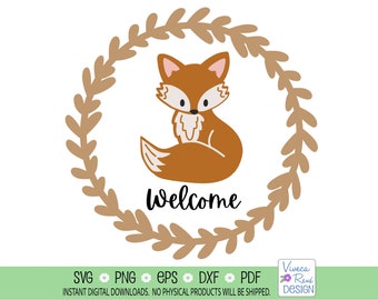 Cute Fall Fox svg, Fall Wreath svg, Round wood sign svg, Welcome sign svg, Silhouette Cut file, Cricut svg, sublimation png