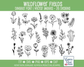 Wildflower Fields Dingbats Font | Hand Drawn Floral Doodles | Botanical Line Art (Digital Download)