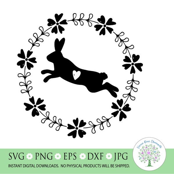 Leaping Bunny Wreath svg, Jumping Rabbit Wreath svg, Folk Art Rabbit svg, Easter Bunny Wreath svg, Spring Wreath, Silhouette|Cricut|Cut File