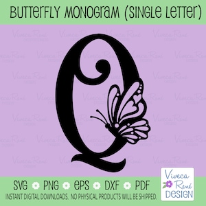 Peut inclure: Silhouette noire et blanche de la lettre Q avec un motif de papillon. Le papillon a un motif d'aile détaillé et est positionné à droite de la lettre.