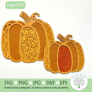Op de afbeelding: Twee ingewikkeld ontworpen pompoenen met een mandala-achtig patroon in tinten oranje en geel. De grotere pompoen is geel met een swirl-patroon, terwijl de kleinere pompoen oranje is met een meer ingewikkeld ontwerp.  Gelaagd SVG, PNG, JPG, DXF, EPS. Directe digitale downloads. Geen fysieke producten worden verzonden.