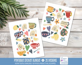 Whimsical Tea Cups Sticker Sheet: Tea Lover Planner Stickers (Digital Download)