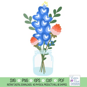 May include: A blue and white flower bouquet with red flowers in a clear glass jar. The flowers are arranged in a vase with a rustic, farmhouse style.