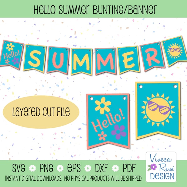 Hello Summer Bunting Banner svg, Знак Hello Summer, Летние файлы svg, Гирлянда svg, Баннер вечеринки svg, Многослойный вырезанный файл силуэта, Cricut svg