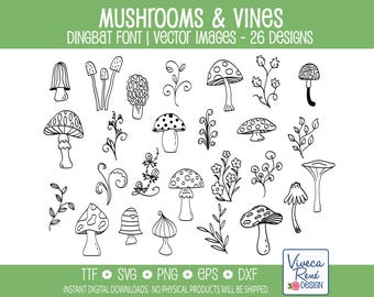 Mushrooms & Vines Dingbats Font | Hand Drawn Forest Line Art | Botanical Craft Font (Digital Download)
