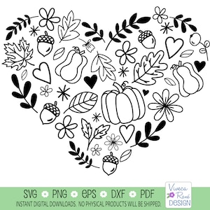 Fall Heart svg, Autumn Heart svg, Forma de corazón de otoño con elementos decorativos svg, Me encanta Fall svg, Silueta, Cricut, Cortar archivos, png jpg eps