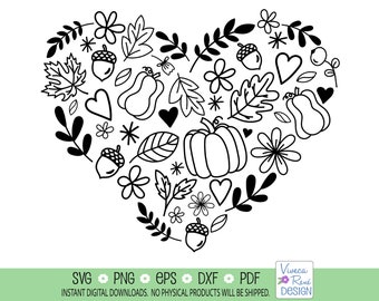 Corazón de otoño SVG: Hojas de otoño, calabazas y bellotas (descarga digital)