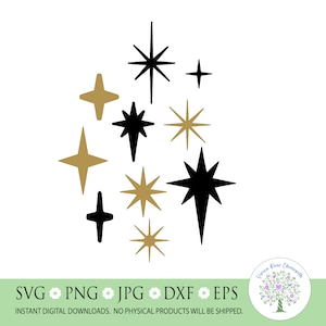 May include: A digital download of a set of ten black and gold star shapes. The stars are in various sizes and are perfect for crafting projects.
