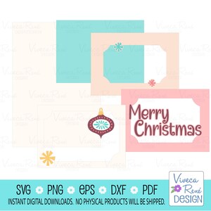 May include: Four printable Christmas gift tags with a light blue, pink, and cream background. The tags feature a snowflake, a Christmas bauble, and the text "Merry Christmas".