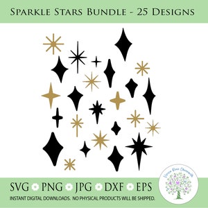 May include: A digital download bundle of 25 black and gold sparkle star designs. The stars are in various shapes and sizes. The text "Sparkle Stars Bundle - 25 Designs" is at the top of the image. The text "SVG PNG JPG DXF EPS" is at the bottom of the image. The text "Instant Digital Downloads. No Physical Products Will Be Shipped." is below the text "SVG PNG JPG DXF EPS".