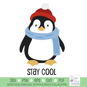 かわいいクリスマスペンギン svg、Stay Cool winter svg、キッズシャツデザイン svg、Winter Holiday svg、Cricut svg、シルエットカットファイル png dxf eps