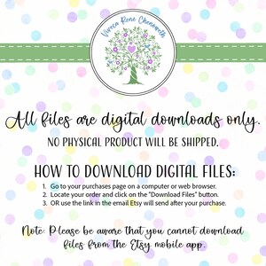 Puede incluir: Un aviso de descarga digital con una pancarta verde y un fondo de confeti rosa, morado y azul. El texto dice "Todos los archivos son descargas digitales &uacute;nicamente. NO SE ENVIAR&Aacute; NING&Uacute;N PRODUCTO F&Iacute;SICO. C&Oacute;MO DESCARGAR ARCHIVOS DIGITALES: 1. Vaya a la p&aacute;gina de sus compras en una computadora o navegador web. 2. Localice su pedido y haga clic en el bot&oacute;n "Descargar archivos". 3. O use el enlace en el correo electr&oacute;nico que Etsy le enviar&aacute; despu&eacute;s de su compra. Nota: Tenga en cuenta que no puede descargar archivos desde la aplicaci&oacute;n m&oacute;vil de Etsy."