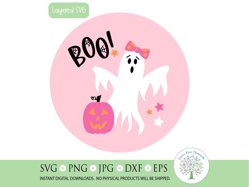 Puede incluir: Un c&iacute;rculo rosa con un fantasma blanco que lleva un lazo rosa, una calabaza rosa con una cara de calabaza, y la palabra "BOO!" en negro con telara&ntilde;as. Tambi&eacute;n hay peque&ntilde;as estrellas blancas y naranjas.