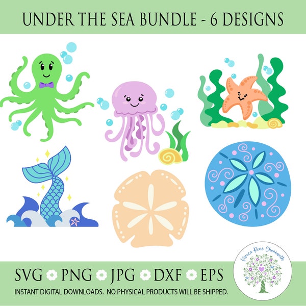 Under the Sea Bundle SVGs, Cute Sea Animals PNG Clipart, Octopus svg, Mermaid svg, Sand Dollar svg, Jellyfish svg, Starfish svg, Cut Files