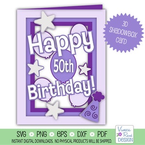 Gelukkige 50e verjaardag Shadowbox svg, 3D-wenskaart svg, 50 jaar verjaardagsfeestje svg, gelaagde svg, silhouetsnijbestand, Cricut svg