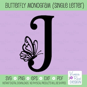 Letra de monograma de mariposa J svg, Alfabeto de alas de mariposa svg, Cumpleañera svg, Monograma de boda svg, Silueta de archivo de corte Cricut, png dxf